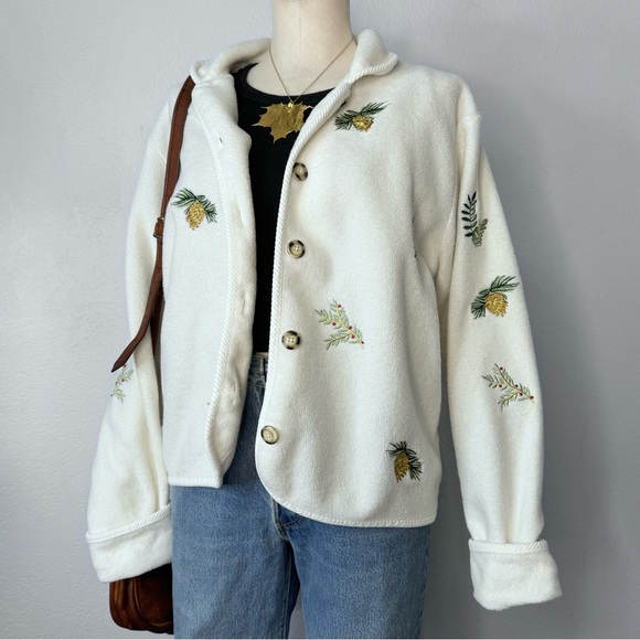 Vintage Jackets & Blazers - Vintage Holiday Lodge Fleece Jacket Pinecone Embroidered Winter Cardigan Large